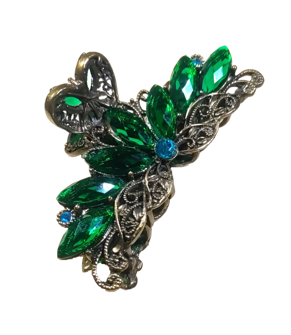 Emerald Green Hair Claw Clamp Gold Tone Metal Elegant Feminine Design...